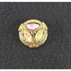 Celtic Knot Brooch Pin Gold Tone Speckled Stones Signed Green Purple Brown 1.5"